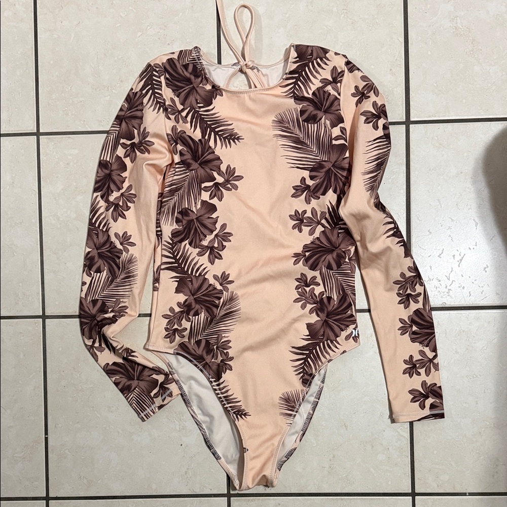 Hurley Women's Floral Long Sleeve One Piece Swimsuit - Cream and Brown